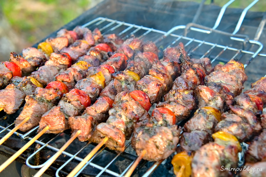 Шпажки с шашлыком из филе бедра индейки на мангале