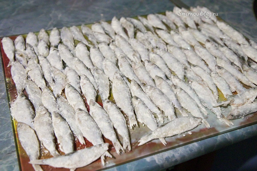 Тюлька жаренная на сковороде Тюлька обваленная в муке перед жаркой